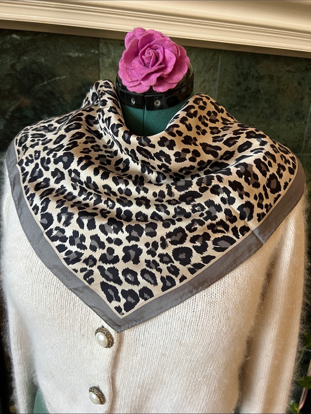 Vintage Emanuel Ungaro Silk Scarf Sq 26” Leopard Animal Print Grey Black Cream